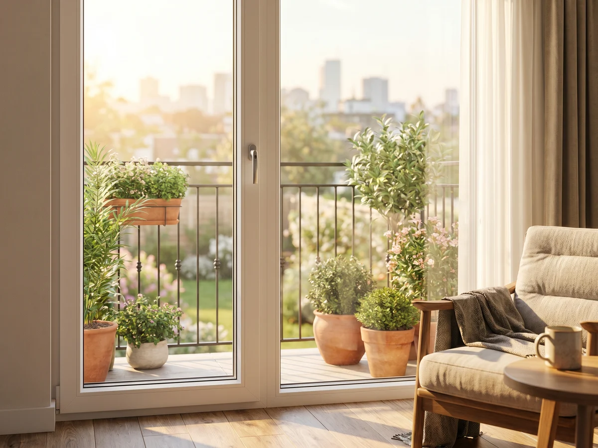 Portafinestra in PVC bianca aperta sul balcone con verde