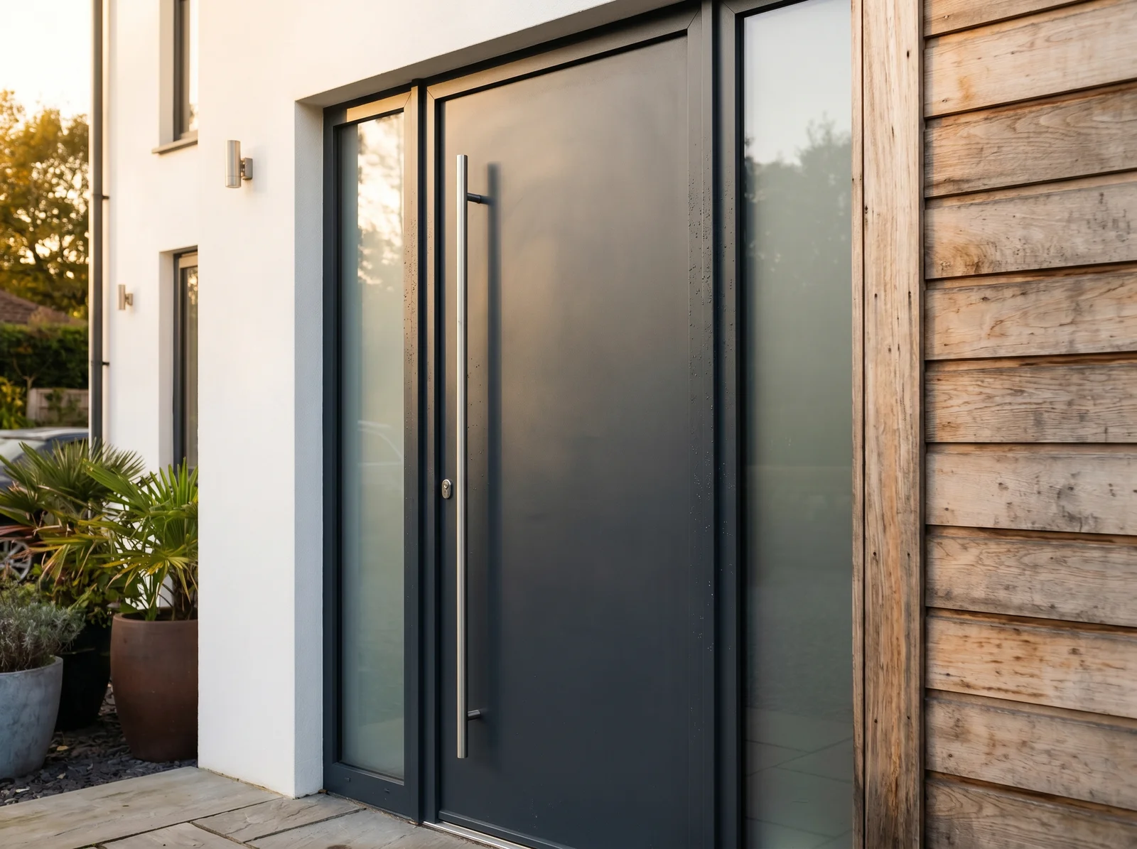 Grande porta d’ingresso in alluminio antracite con rivestimento in legno