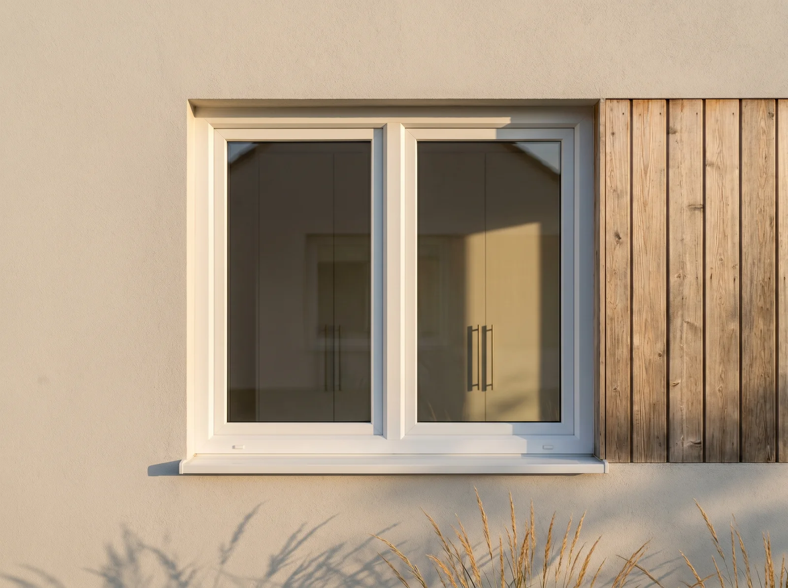 Finestra in PVC bianca a due ante su facciata moderna con doghe in legno